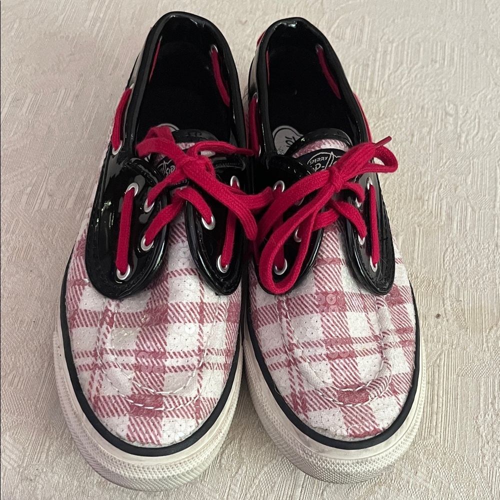 Sperry adult Pink Plaid Canvas Sneakers with Hot Pink Laces